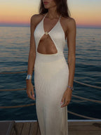 Sexy Knit Halter V Neck Slit Beach Maxi Dress For Women 2026 Chic Button Cut Out Backless Party Dresses Swimwear Cover Up A3151 - Matrix Studios