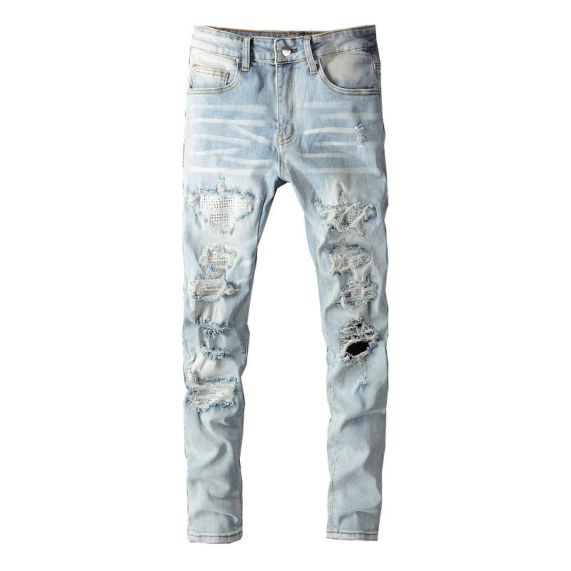 Men Crystal Holes Ripped Patchwork Jeans Streetwear Light Blue Denim Slim Skinny Pencil Pants Trousers - Matrix Studios
