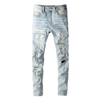 Men Crystal Holes Ripped Patchwork Jeans Streetwear Light Blue Denim Slim Skinny Pencil Pants Trousers - Matrix Studios