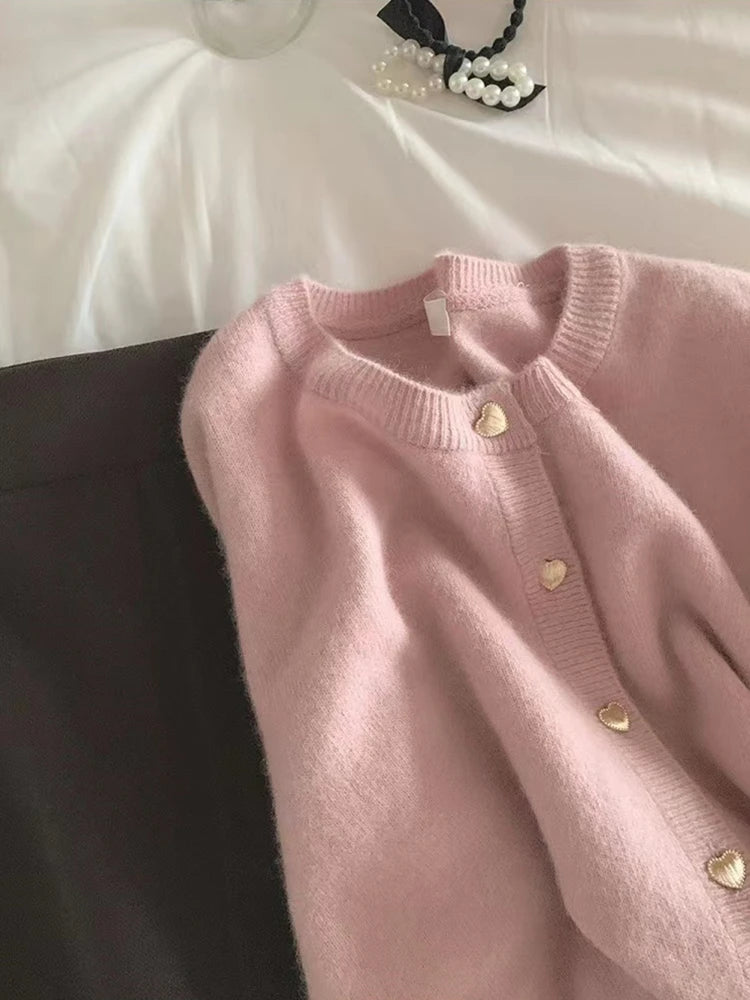 Knitted Cardigan Women's Spring Autumn Gentle Style Short Single Breasted Heart Button Design Sweet Sweater Coat Versatile - Matrix Studios