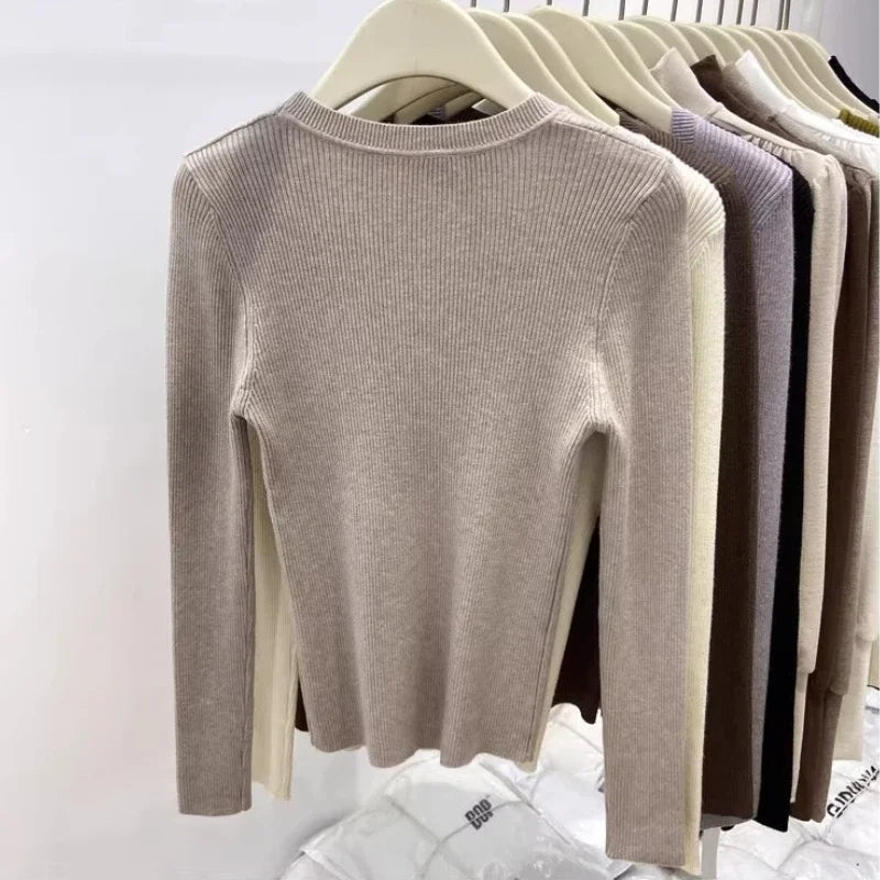 Zjaiss Solid Color O-neck Knitted Pullovers 2026 Women's Autumn Winter New Slim Fit Sweater Soft Warm Simple Base Layer Top - Matrix Studios