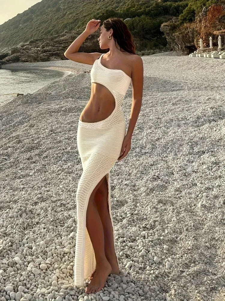 Women Y2k Knit Wrap Beach Maxi Dress Cut Out Beachwear Cover Up Sexy One Shoulder Crochet Bodycon Dress Party Club Outfit K25 - Matrix Studios