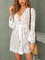 Boho Crochet White Knitted V-neck Scallop Trim Lace Dress Women Beach Sundress Tunic Pareos Bikinis Cover Ups Robe Beachwear - Matrix Studios