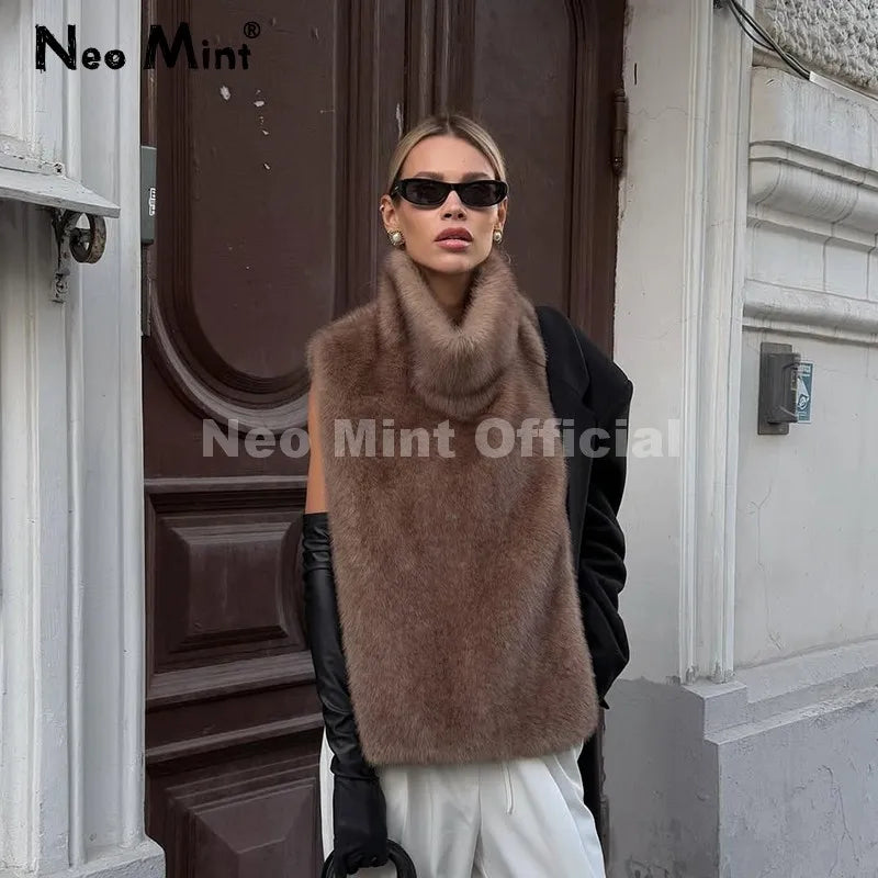 Neo Mint 2025 Brand Fashion Faux Fur Sable Vest Crop Top Autumn Winter Turtleneck Eco Mink Fur Tank Tops Sleeveless Jacket Coat - Matrix Studios