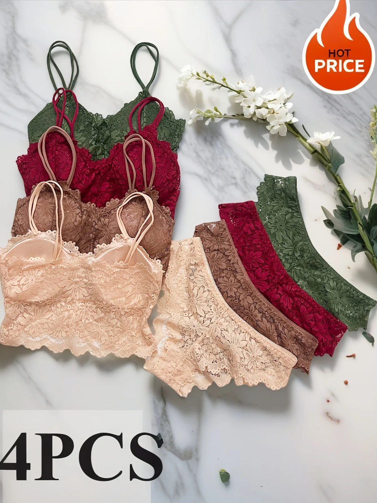 4pcs Women'S Sexy Lace Bra & Panty Set, Breathable & Comfortable, Removable Bra, Stretchy Lingerie Set - Matrix-studios.com