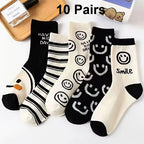 5/10 Pairs Happy Face Crew Socks , Cartoon Cat Breathable Cotton Mid Tube Socks, Women's Stockings & Hosiery - Matrix Studios