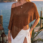 Women Boho Sheer Knitted Poncho Crop Top Irregular Asymmetric Batwing Sleeve Beach Cover Up Off Shoulder Summer Shawl T-shirt - Matrix Studios