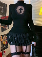 Turtleneck Top Y2k Clothes Black Gothic Cross Hollow Slimming Bottom T Shirt for Women Long Sleeve Sexy T-shirt Girls Tops - Matrix-studios.com