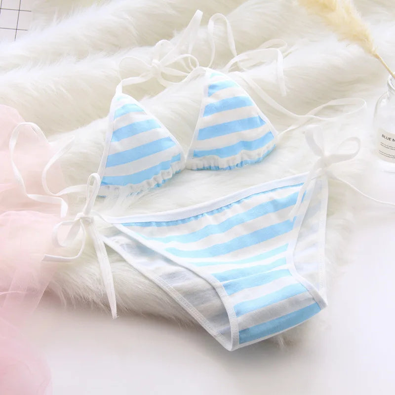 2PCS Women Bra Panties Set Sexy Lingeries Cotton Seamless Kawaii Bikini Lace-up Strap Blue White Striped Suit Female Underwear - Matrix-studios.com