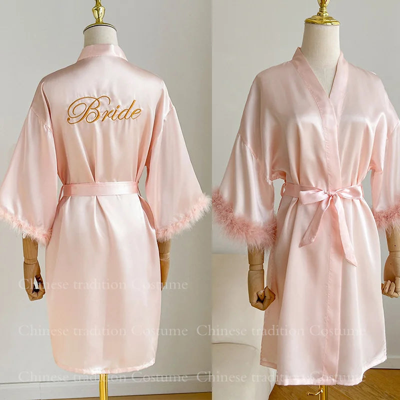 White Bride Wedding Robe with Feathers Women Satin Peignoir Sexy Bridesmids Kimono Gowns Short Bathrobe Bridal Intimate Lingerie - Matrix-studios.com