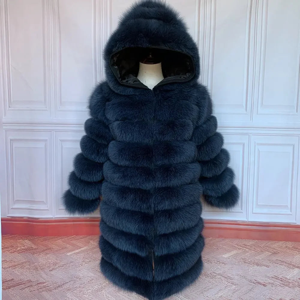 QUEENTINA Hood Fur Coat Women Real Fox Long New Luxury Female Natural Leather Jacket Warm Thick Long Winter Fur Vest Waistcoat - Matrix Studios