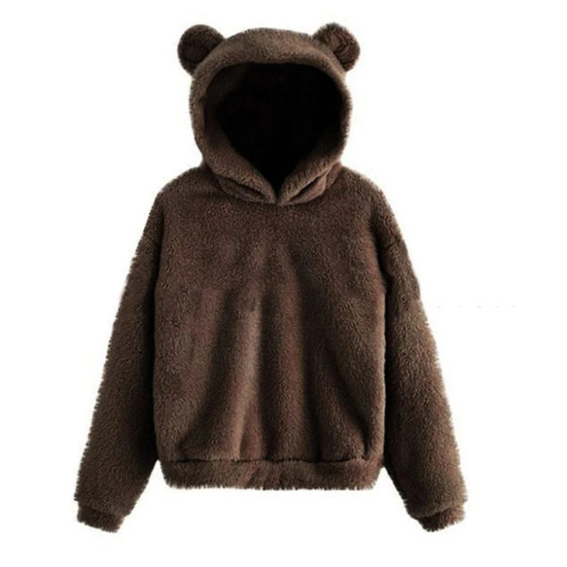 Winter Korean Fashion Bear Ears Cute Loose Hoodie Fluffy Hooded Warm Sweatshirt Long Sleeve Top Solid Pullover Clothes For Women - Matrix Studios