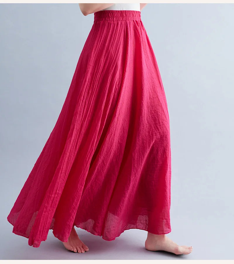 28-Color Mori Girl Literary Cotton Linen Dress Elastic Waist A-line Expansion Skirt Solid Color Ethnic Style Women Long Skirts - Matrix-studios.com