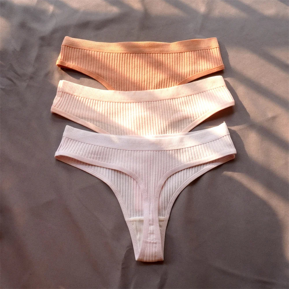 3 Pcs Seamless Ladies Ribbed Cotton Thong Simple Women's Low Waist Bikini Briefs Sports Girls Underwear Plus Size - Matrix Studios