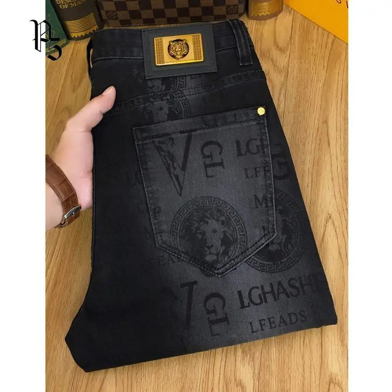 Spring and Autumn Korean Slim Jeans for Men 2025 High-end Luxury Clothing Black Printing Mid-waist Stretch Casual Pencil Pants - Matrix Studios