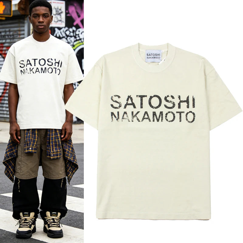 High Street Fashion Brand Satoshi Nakamoto Classic Letter Print Trendy Casual Washed Vintage Short-Sleeve T-Shirt Summer Top - Matrix-studios.com