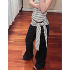 Women's American Blue Button Design Jeans Low Waist Straight Leg Loose Wide Leg Drapey Long Pants Y2K Style Slimming Denim