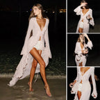 Fashion V Neck Summer Beach Cover Up Ruffled Long Sleeve Beach Dress Bathing Suit Vacation Bikini Sunscreen Smock for Women - Matrix Studios