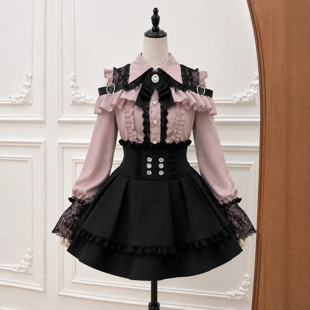 Y2k Japanese Kawaii Two-Piece Sets Long Sleeve Top + Short Skirt Sweet Women Casual Cute Print Bow Patchwork 2025 New Arrival - Matrix-studios.com