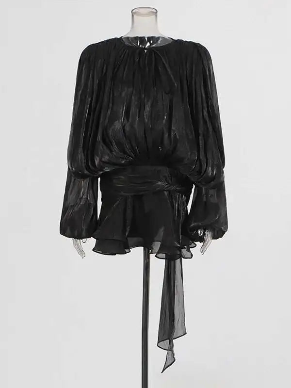 TWOTWINSTYLE Solid Blouse Mini Dresses For Women V Neck Long Sleeve Spliced Lace Up Sweet Style Dress Female Clothing Fashion - Matrix-studios.com