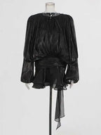 TWOTWINSTYLE Solid Blouse Mini Dresses For Women V Neck Long Sleeve Spliced Lace Up Sweet Style Dress Female Clothing Fashion - Matrix-studios.com