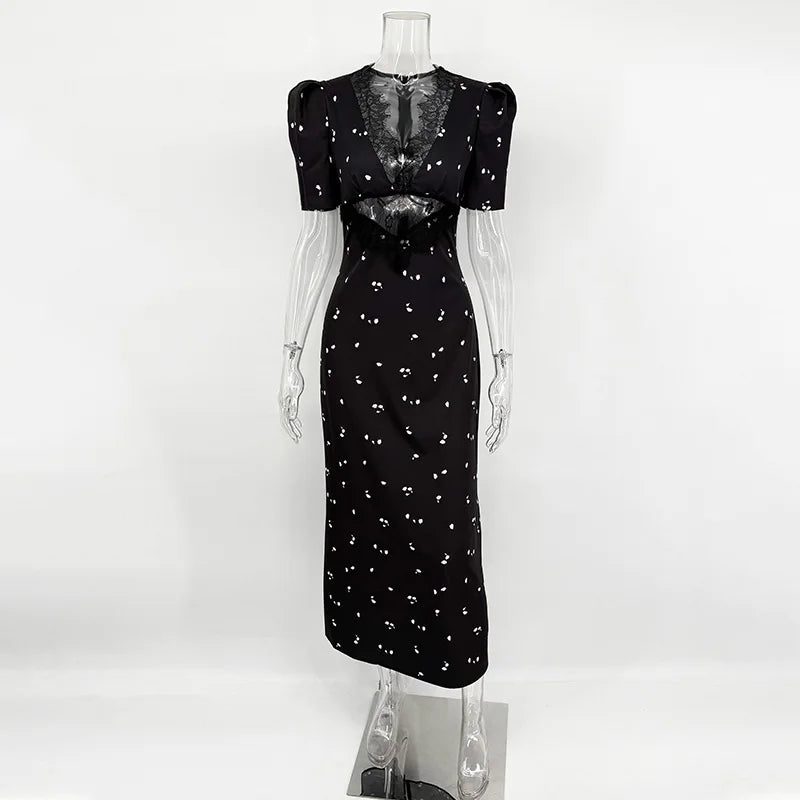 TARUXY Sexy Hollow Lace Dress Women's Fashion Short Sleeve Elegant High Waist Slim Print Dress Summer Party Club Clothes Female - Matrix-studios.com