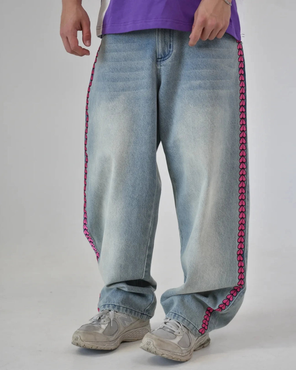 Y2K Men D4C JoJo High Waist Baggy Jeans Women Pink Heart Side Embroidery Loose Fit Washed Denim Pants Streetwear Wide Leg Pants - Matrix Studios