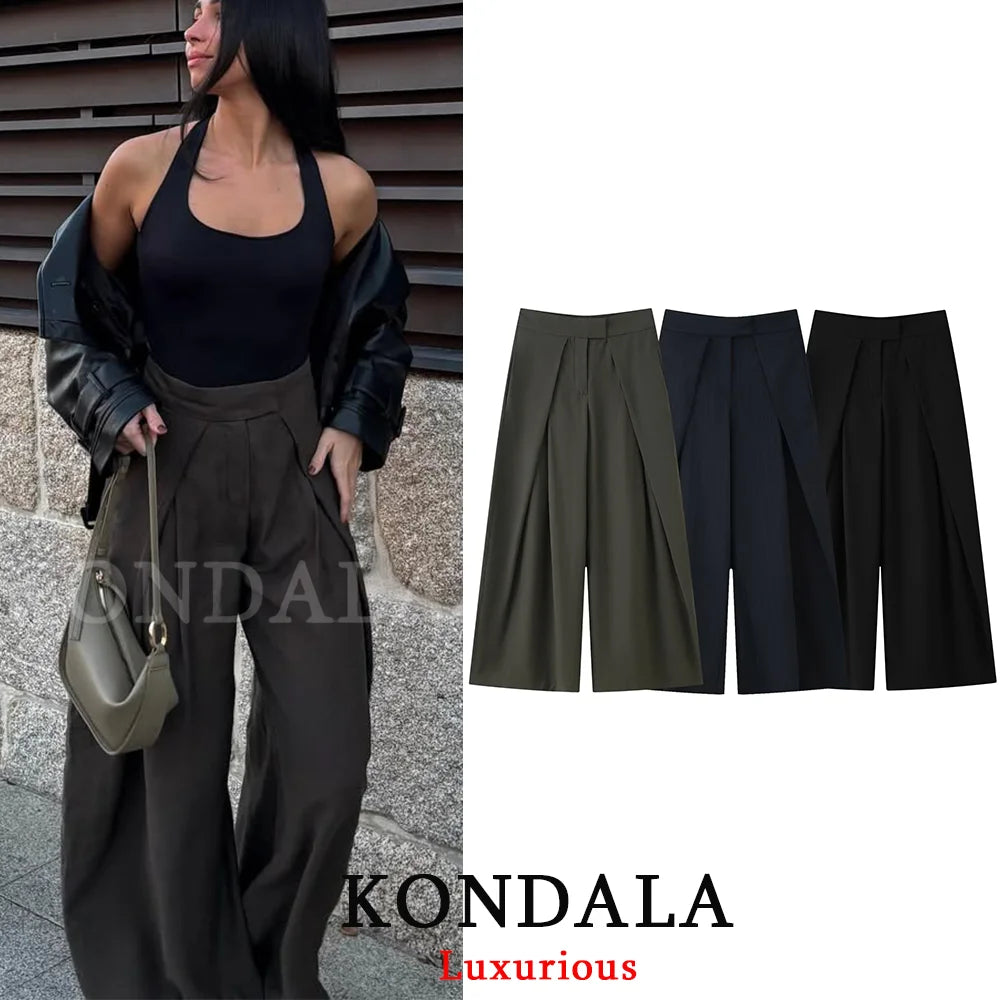 KONDALA Casual Chic Wide Leg Pants Women Office Lady Pockets Pleated Long Trousers Fashion 2026 Spring Summer Streetwear Pants - Matrix-studios.com