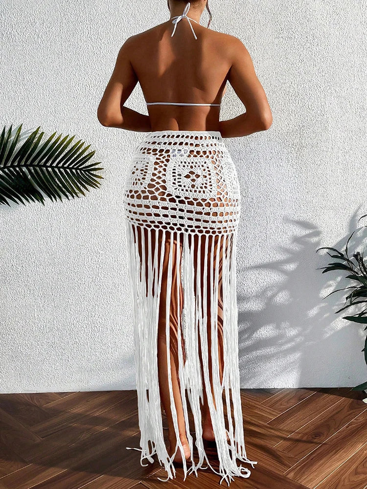 Crochet Tassel Bikini Cover Up Dress Beach Wear Women Tie Up Bather Bathing Suit Tassel Long Skirt Swimsuit Cover Up Beach Dress - Matrix Studios
