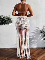 Crochet Tassel Bikini Cover Up Dress Beach Wear Women Tie Up Bather Bathing Suit Tassel Long Skirt Swimsuit Cover Up Beach Dress - Matrix Studios