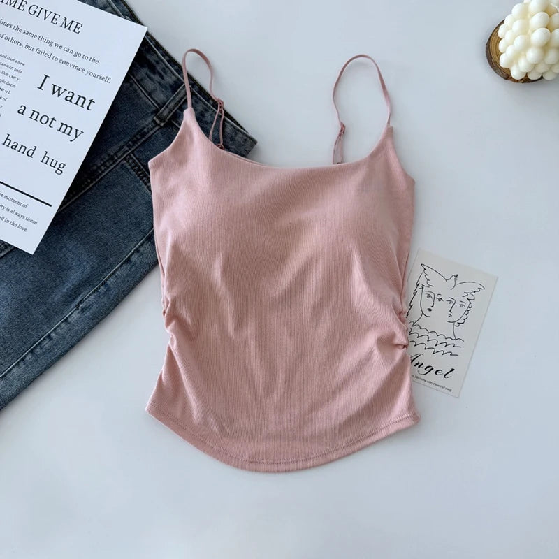 Summer Dopamine Color Sexy Camisole For Women With Pleated Waist And All-in-one Beautiful Back With Breast Pads For Women - Matrix-studios.com