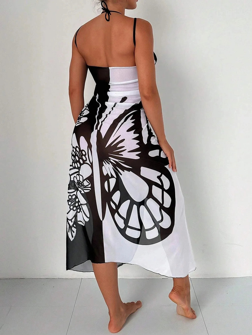 Sexy Butterfly Print Cover Up 2027 Women Black Patchwork Mesh Dress Tunic Bikini Lady Elegant Bath Sarong Wrap Skirt Beachwear - Matrix Studios