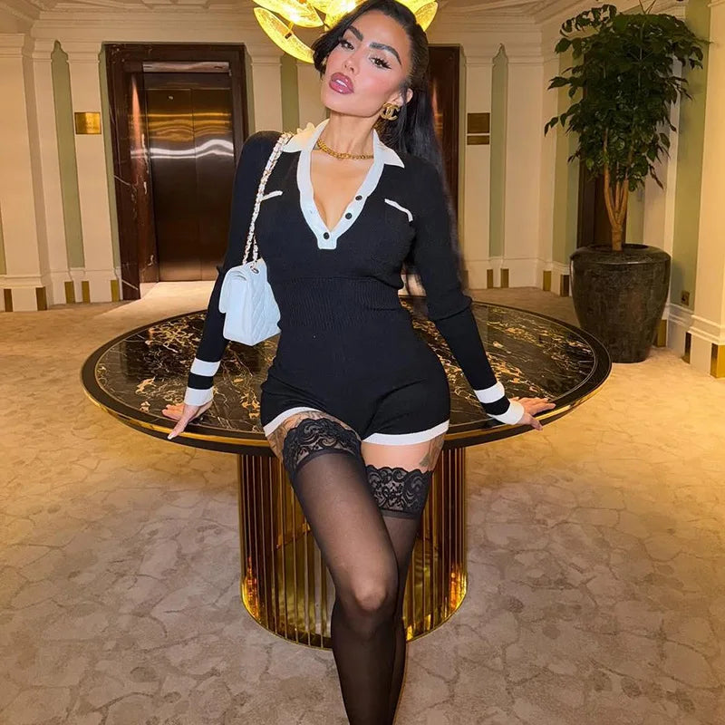 Color Patchwork Ribbed Skinny Playsuits 2025 Autumn Women Fashion Polo-neck Long Sleeve Buttons Slim Casual Rompers Streetwear - Matrix Studios
