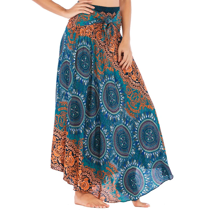 Boho Skirts Women Rayon Beach Long Dress Summer Bohemian Jupe Longue Femme Elastic Waist Print Floral Bandage Halter Hippie - Matrix Studios