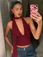 Dulzura V-Neck Sleeveless Halter Backless Bodycon Corp Top Solid Sexy Elegant Y2K Top Party Clubwear Street Summer Vest - Matrix-studios.com