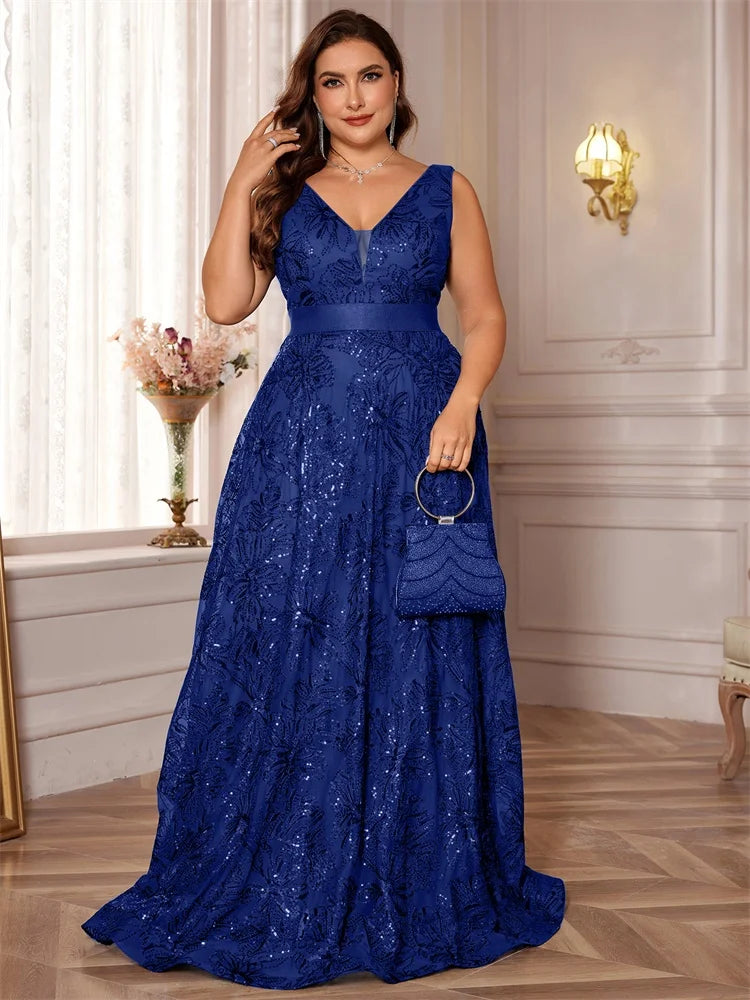Plus Size Luxury Deep V-Neck Sequins Blue Evening Dress Women Elegant V-back Wedding Party Long Prom Cocktail Dresses - Matrix Studios