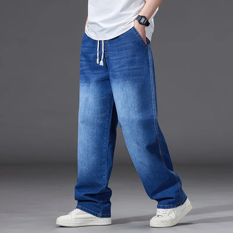 8XL Elastic Waist Men's Jeans, Loose Straight Leg Stretch Denim Pants, Plus Size Casual Streetwear, Big Size Relaxed Fit Trouser - Matrix Studios