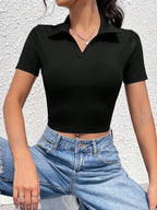 polo neck V short sleeve T-shirt women's summer shoulder high waist Spice Girl T-shirt slimming short crop top - Matrix-studios.com