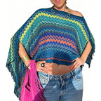 Combhasaki Women Knitwear Bikini Cover-up See-through Solid Off Shoulder Irregular Triangle Hem Loose Pullover Summer Beach Tops - Matrix Studios