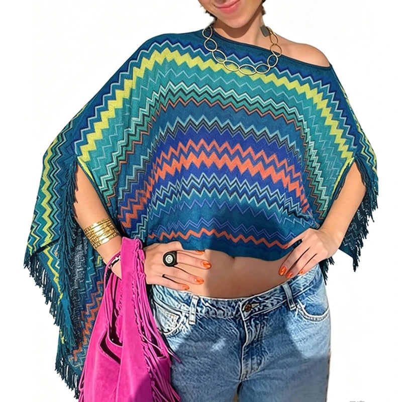 Combhasaki Women Knitwear Bikini Cover-up See-through Solid Off Shoulder Irregular Triangle Hem Loose Pullover Summer Beach Tops - Matrix Studios