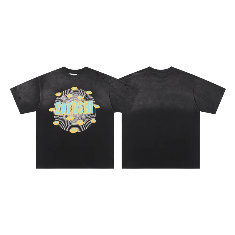 Summer Vintage Distressed Washed Hole SATOSHI Tshirts Cotton Black Circular Line Pattern Short Sleeve Men Women Street Outfit - Matrix-studios.com