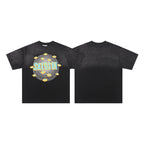 Summer Vintage Distressed Washed Hole SATOSHI Tshirts Cotton Black Circular Line Pattern Short Sleeve Men Women Street Outfit - Matrix-studios.com