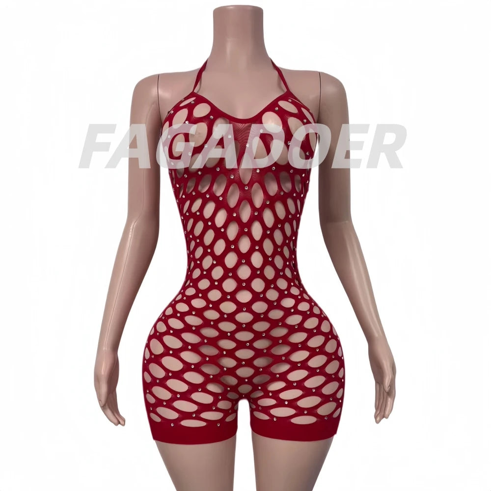 FAGADOER Sexy Hollow-out Rhinestone Patchwork Bodycon Rompers Woman Halter Sleeveless Backless Jumpsuits Female Party Clubwear - Matrix Studios