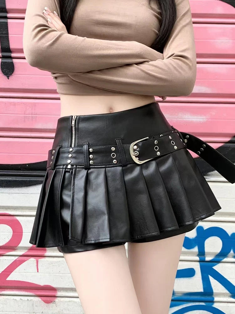 Women's Black Gothic A-line Pleated Leather Skirt Y2k Mini Shorts Skirts Harajuku Korean Emo Skirt 2000s Vintage Clothes Summer - Matrix-studios.com