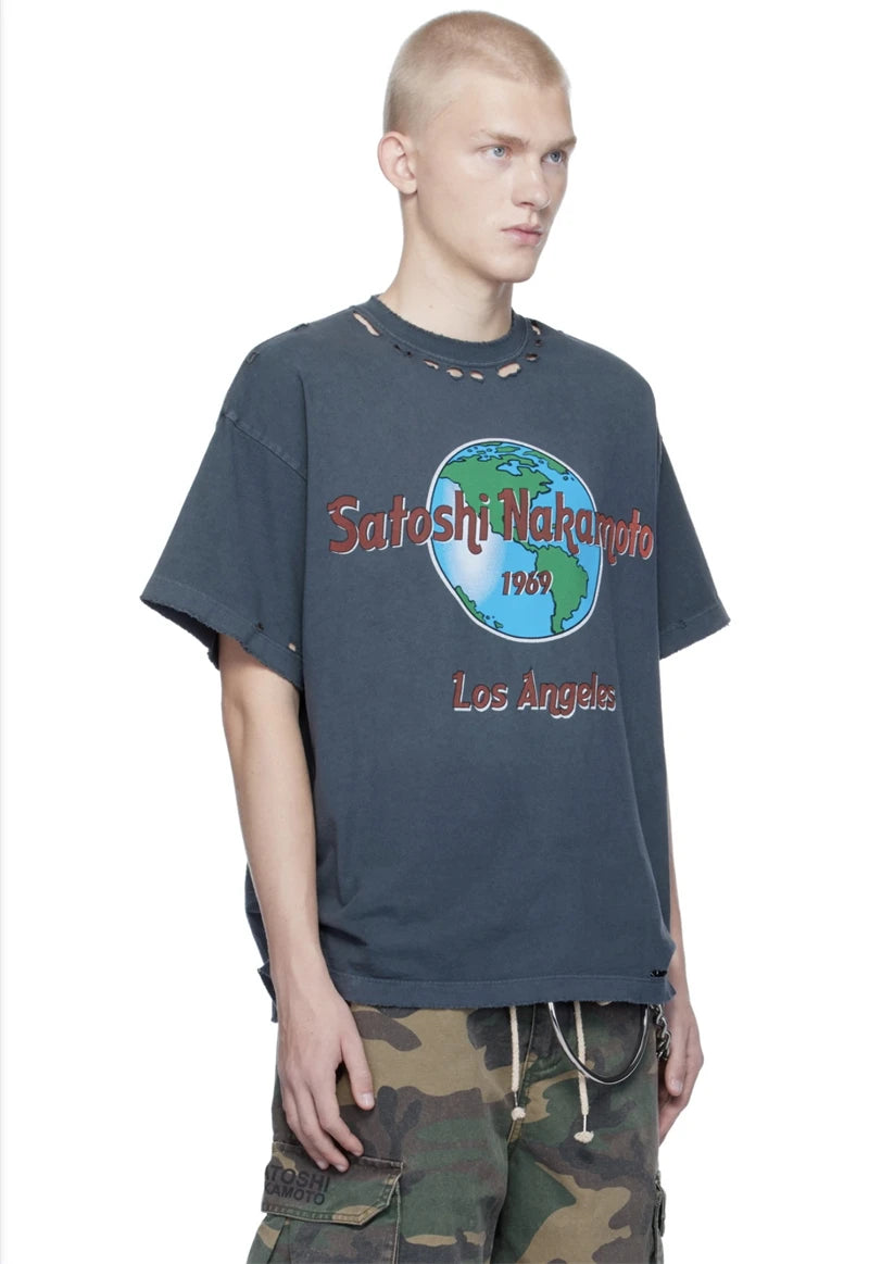 Summer Satoshi Street Vintage Letter Pattern Print Comfort Round Neck Short Sleeve Washed Versatile Trendy Loose Casual T-shirt - Matrix-studios.com