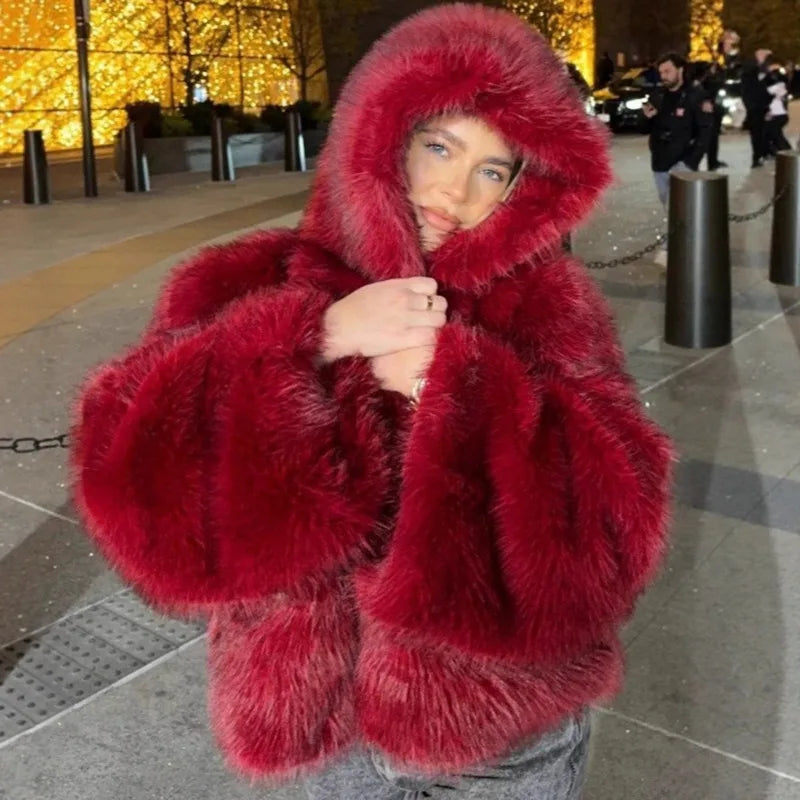 Tuularose Women Fur Coat Women 2025 Plush Red Bomber Jacket Solid Crop Long Sleeve Jacket Warm Winter Coats Female Casual Coats - Matrix Studios