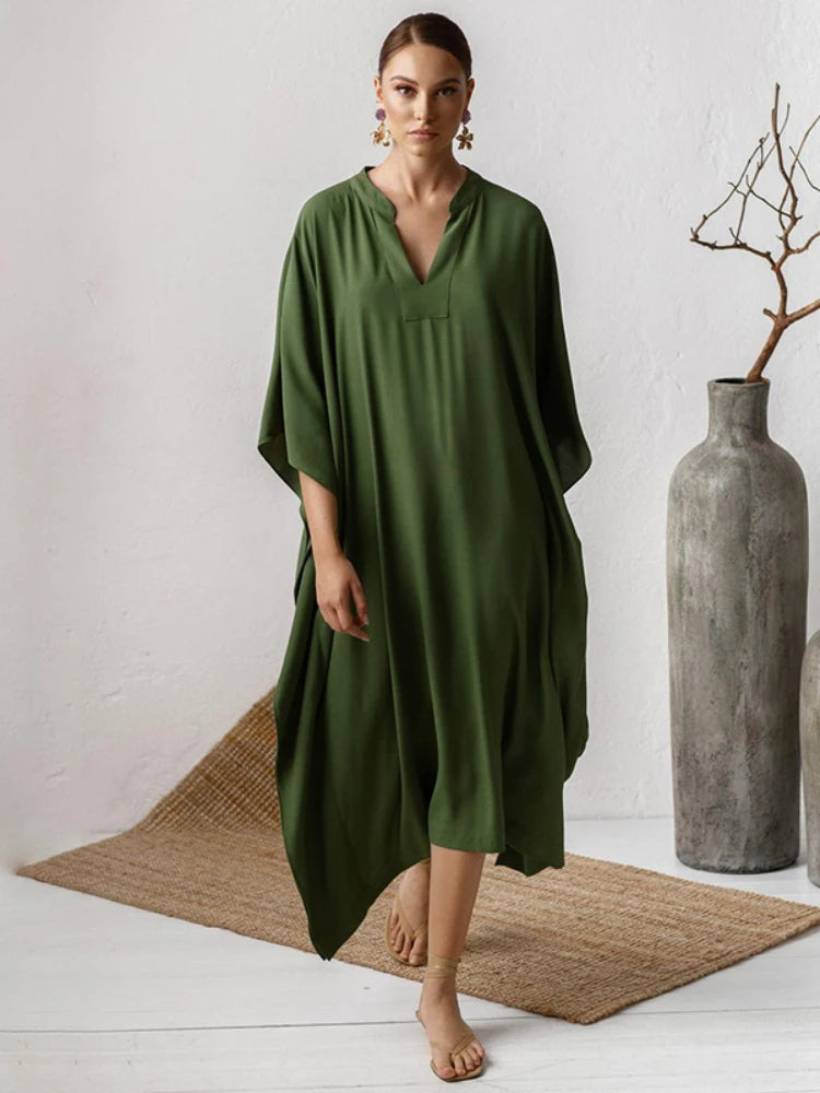 Swimsuit Cover Up Women Kaftan Beach Tunic Solid V Neck Elegant Summer Long Dress Loose Beachwear Bathing Suit Swimwear - Matrix Studios