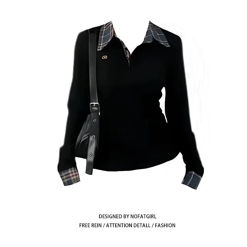 American POLO Collar Checkered Long-sleeved T-shirt Women Spring Fall New Slim Fit Embroidered Elegant Fake Two-piece Top - Matrix-studios.com