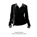 American POLO Collar Checkered Long-sleeved T-shirt Women Spring Fall New Slim Fit Embroidered Elegant Fake Two-piece Top - Matrix-studios.com