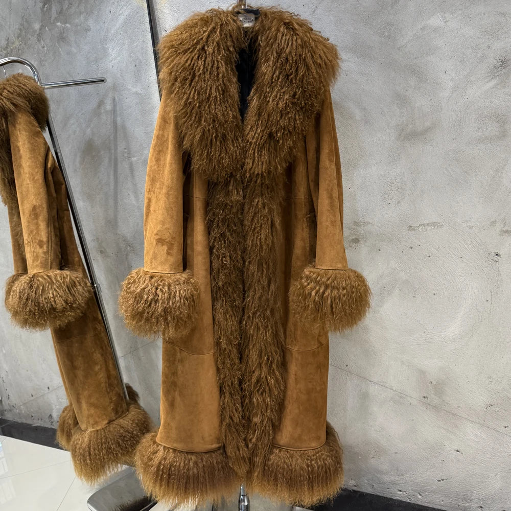 Suede Coat Fur Collar Women Autumn Genuine Sheepskin Coat Long with Mongfolian Fur Trim - Matrix Studios